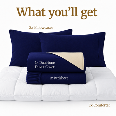 Homey CloudHug 7-in-1 Hotel Set – Comforter, Dual-Tone Duvet, Bedsheet, Pillows & Pillowcases