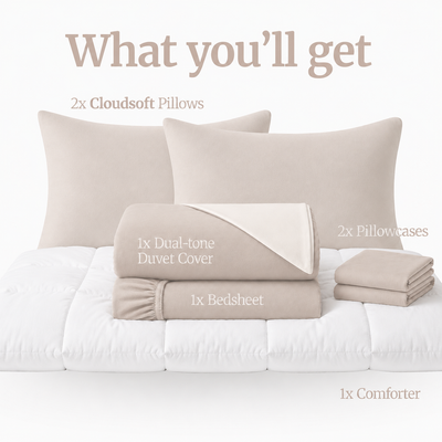 Homey CloudHug 7-in-1 Hotel Set – Comforter, Dual-Tone Duvet, Bedsheet, Pillows & Pillowcases