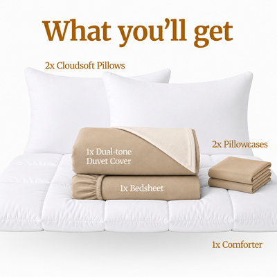 Homey CloudHug 7-in-1 Hotel Set – Comforter, Dual-Tone Duvet, Bedsheet, Pillows & Pillowcases