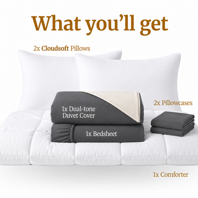 Homey CloudHug 7-in-1 Hotel Set – Comforter, Dual-Tone Duvet, Bedsheet, Pillows & Pillowcases