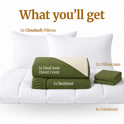 Homey CloudHug 7-in-1 Hotel Set – Comforter, Dual-Tone Duvet, Bedsheet, Pillows & Pillowcases