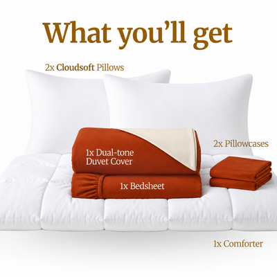 Homey CloudHug 7-in-1 Hotel Set – Comforter, Dual-Tone Duvet, Bedsheet, Pillows & Pillowcases