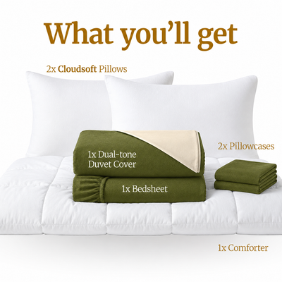 Homey CloudHug 7-in-1 Hotel Set – Comforter, Dual-Tone Duvet, Bedsheet, Pillows & Pillowcases