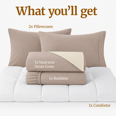 Homey CloudHug 5-in-1 Hotel Set – Comforter, Dual-Tone Duvet, Bedsheet & Pillowcases