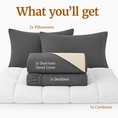 Homey CloudHug 5-in-1 Hotel Set – Comforter, Dual-Tone Duvet, Bedsheet & Pillowcases