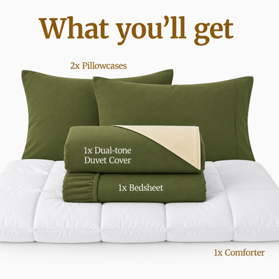 Homey CloudHug 5-in-1 Hotel Set – Comforter, Dual-Tone Duvet, Bedsheet & Pillowcases