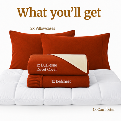 Homey CloudHug 5-in-1 Hotel Set – Comforter, Dual-Tone Duvet, Bedsheet & Pillowcases