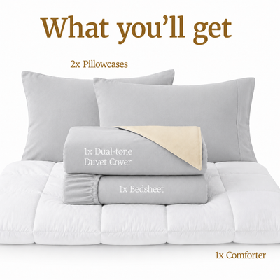 Homey CloudHug 5-in-1 Hotel Set – Comforter, Dual-Tone Duvet, Bedsheet & Pillowcases