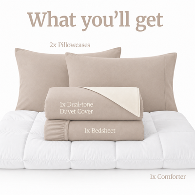 Homey CloudHug 5-in-1 Hotel Set – Comforter, Dual-Tone Duvet, Bedsheet & Pillowcases