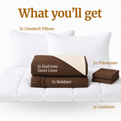 Homey CloudHug 7-in-1 Hotel Set – Comforter, Dual-Tone Duvet, Bedsheet, Pillows & Pillowcases