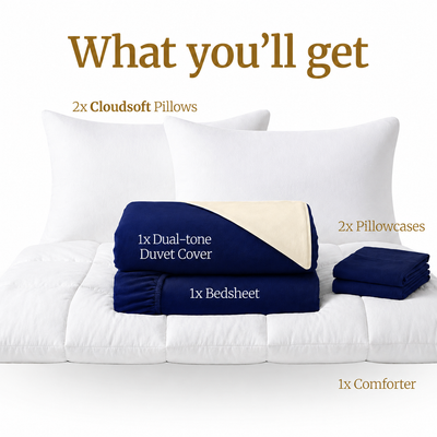 Homey CloudHug 7-in-1 Hotel Set – Comforter, Dual-Tone Duvet, Bedsheet, Pillows & Pillowcases